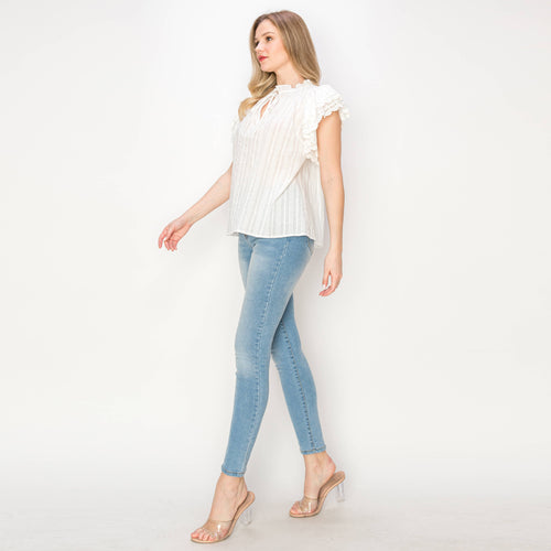 Cotton JQD eyelet blouse with lace trim detail