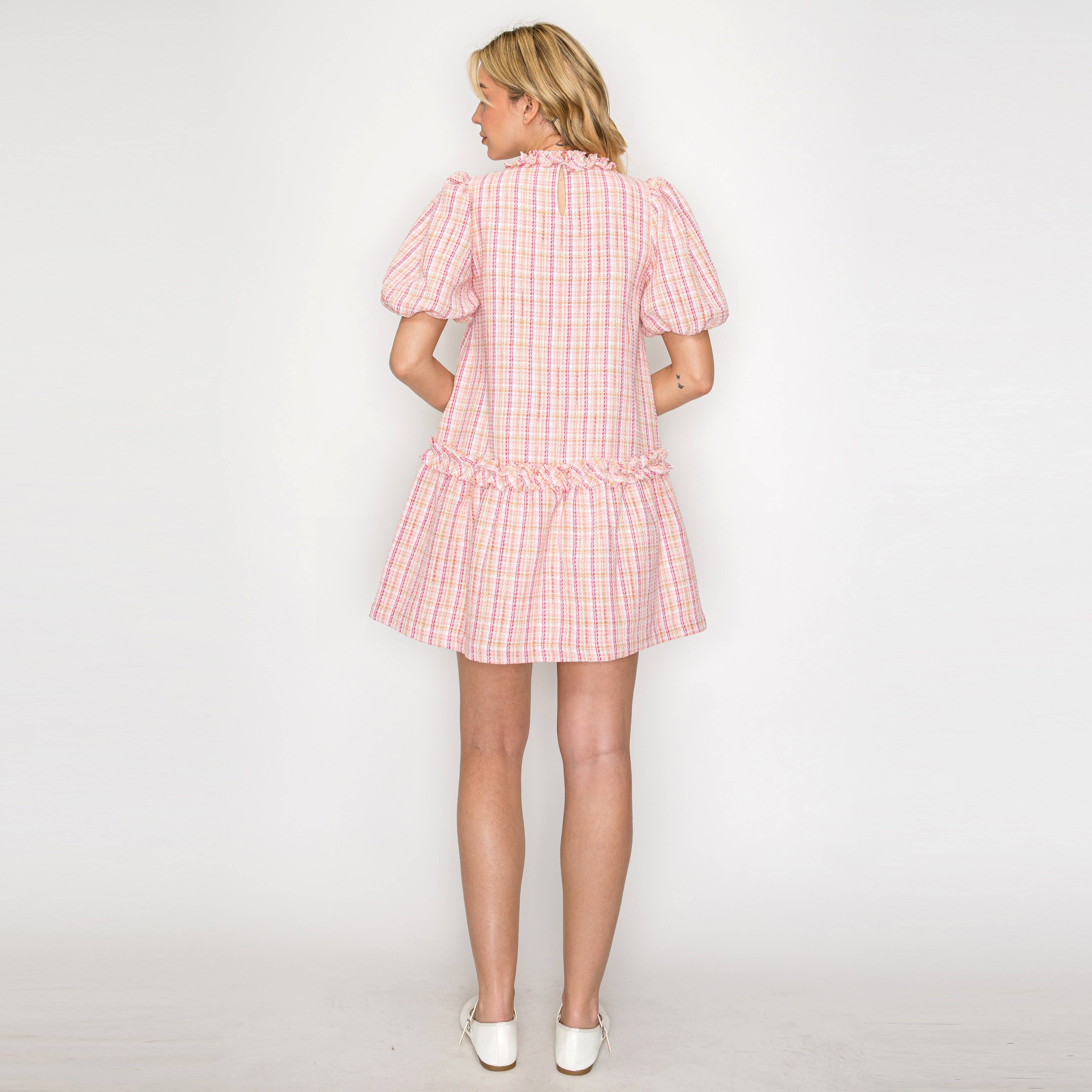 Charlotte Light Pink Boucle Mini Dress Puff Sleeves -LWD2879