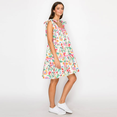 Summer Jacobean Flower Print Mini Dress w/ Pink trim-LWD2905