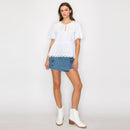 White Cotton Peplum Top with Lace Collar
