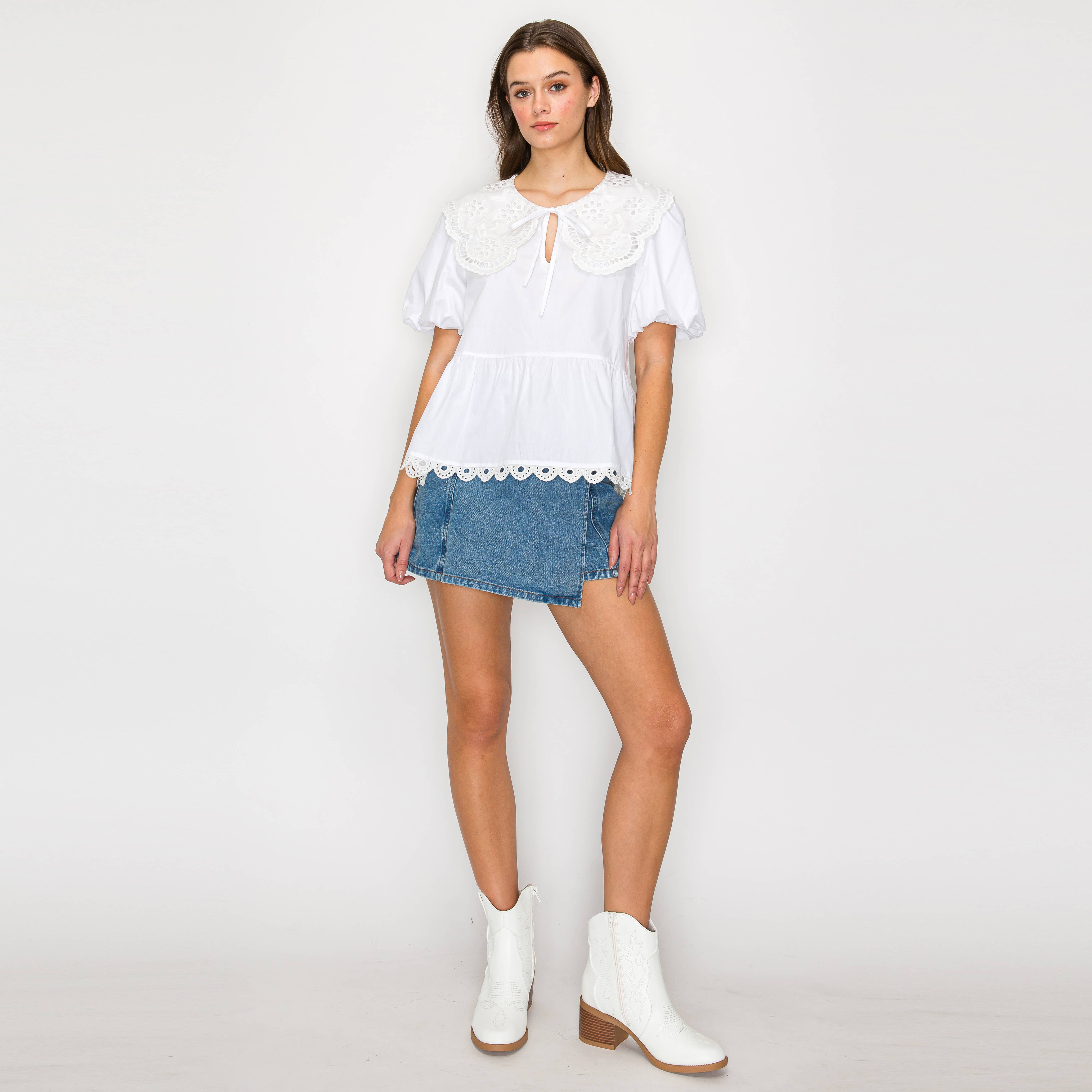 White Cotton Peplum Top with Lace Collar