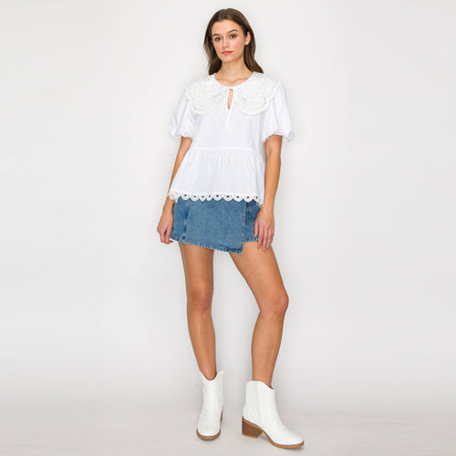 White Cotton Peplum Top with Lace Collar