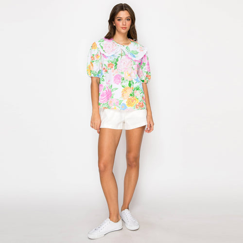 Garden Flower Print Cotton Top With Collar