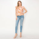 Print linen top with double ruffle sleeves