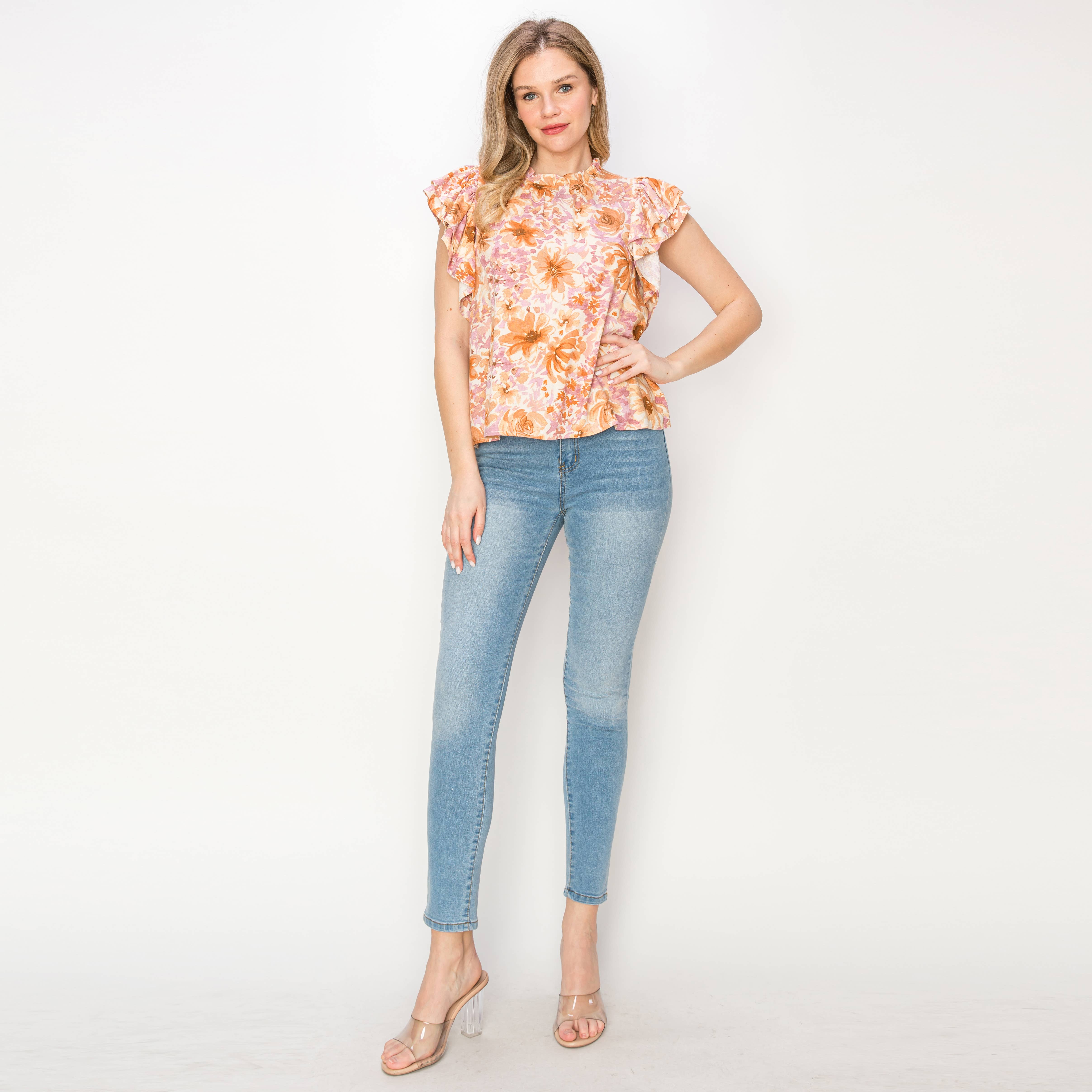 Print linen top with double ruffle sleeves