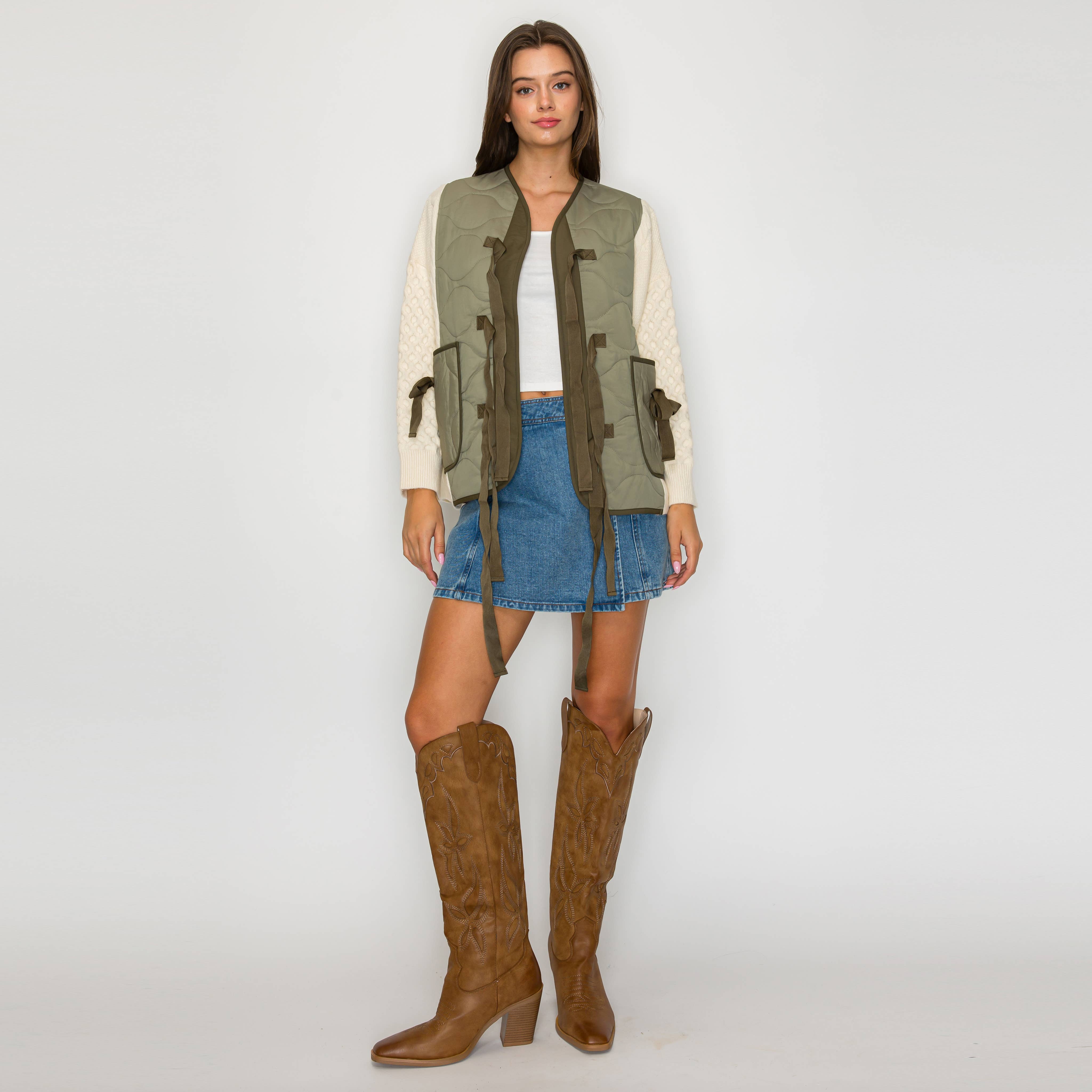 Olive Charm Quilted Bow-Tie Jacket