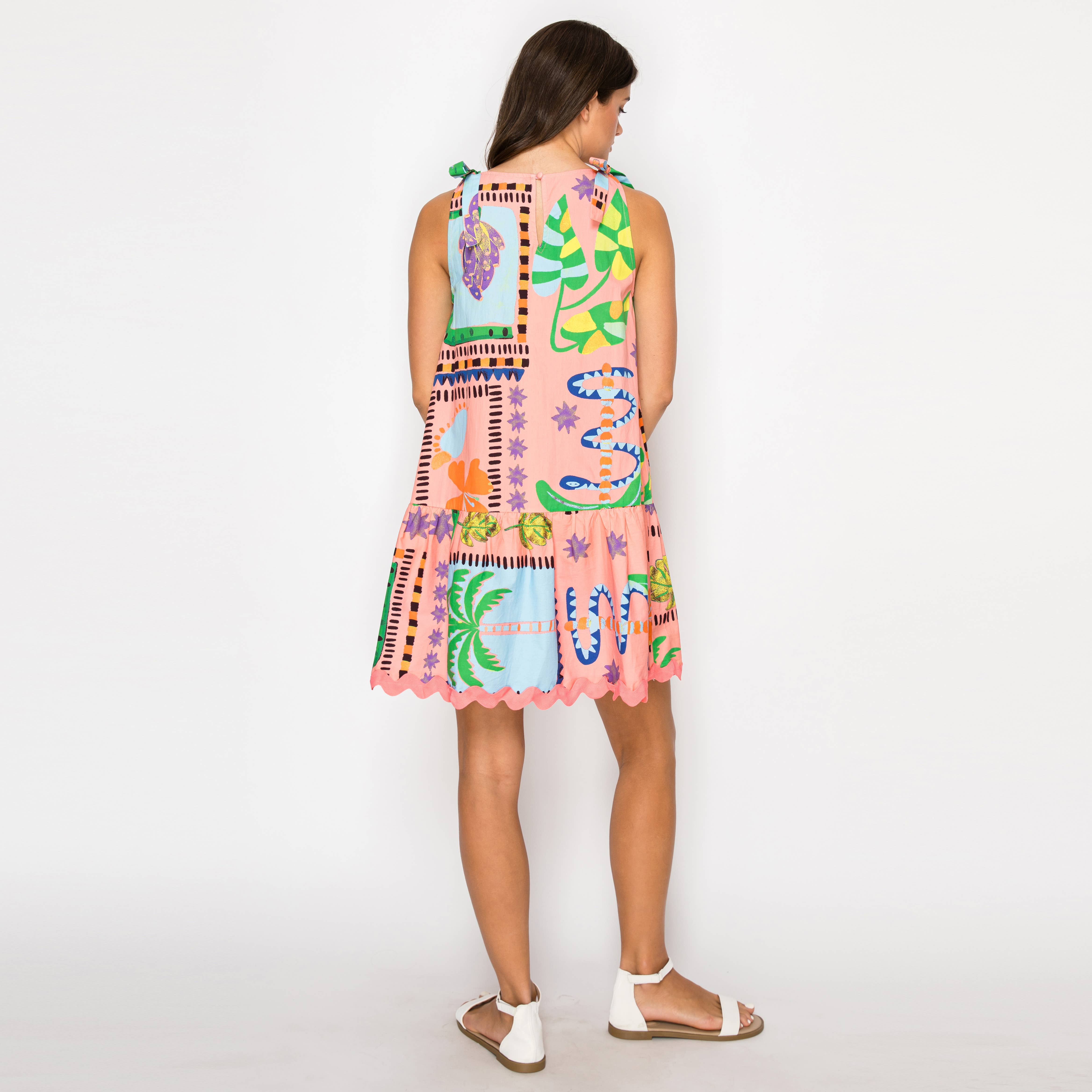 Coral Retro Tropical Print Cotton Mini Dress