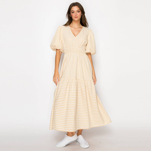 Soft Khaki Stripe Linen Midi Dress