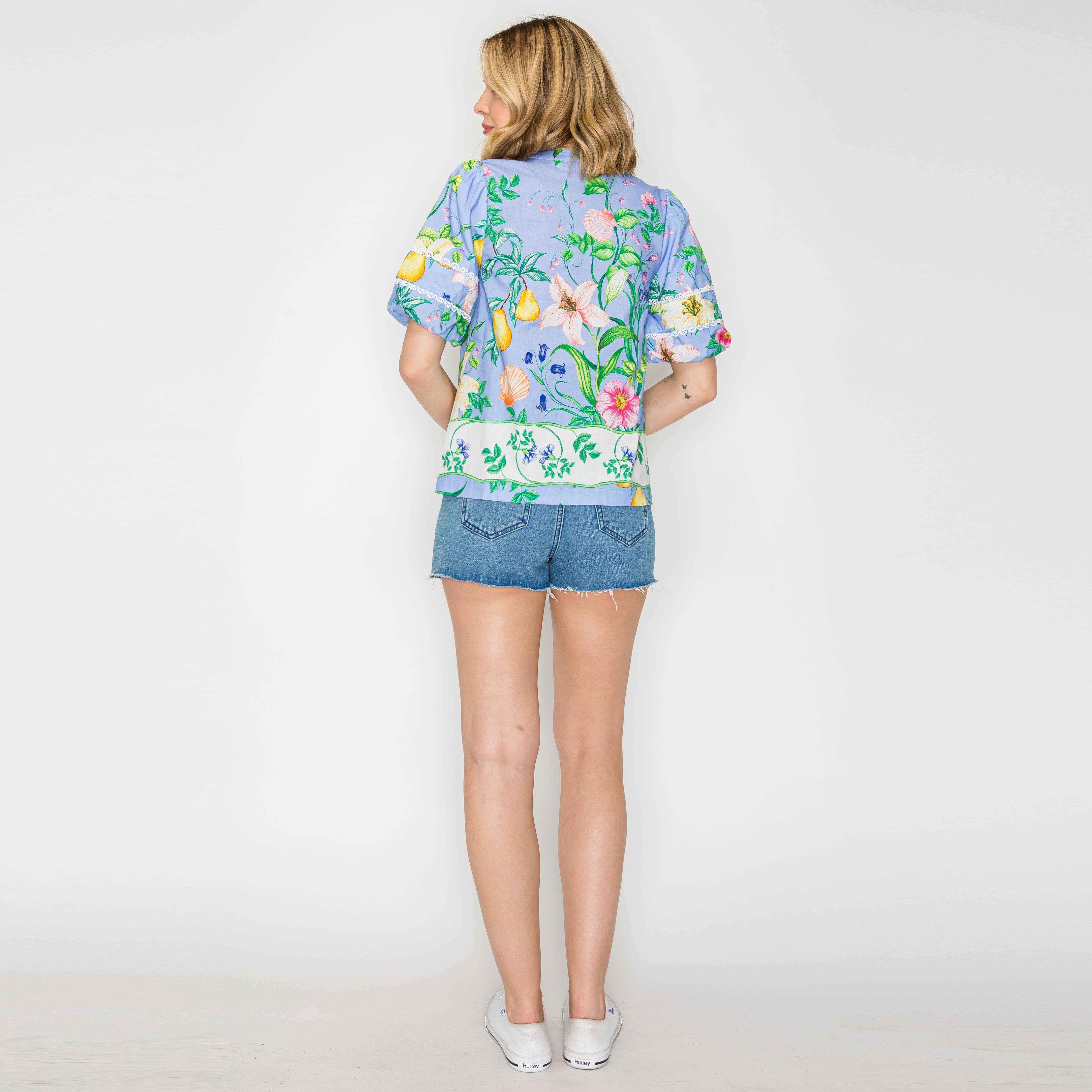 Summer Romantic Garden with Shell Blue Blouse