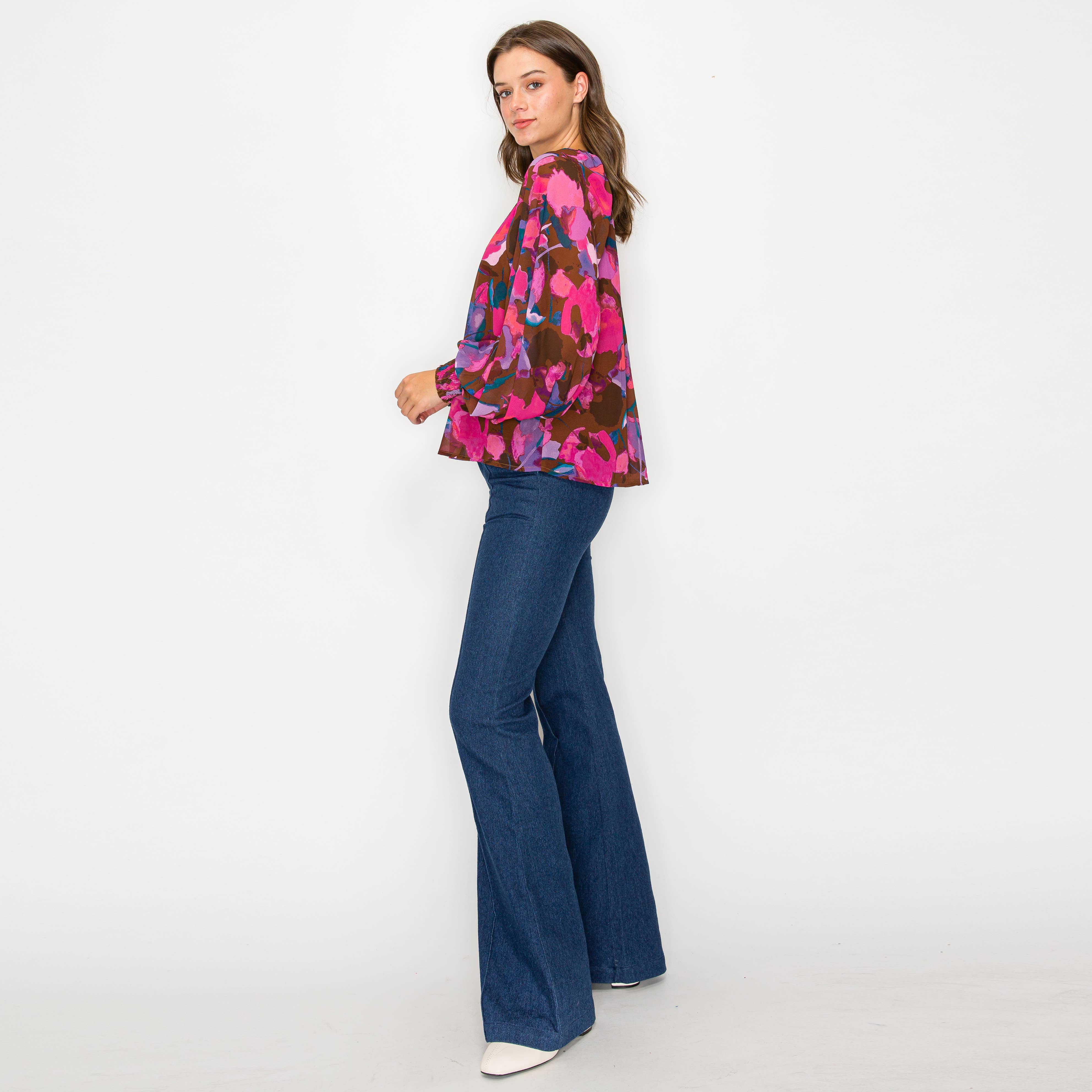 Pink in fall abstract print long sleeve blouse