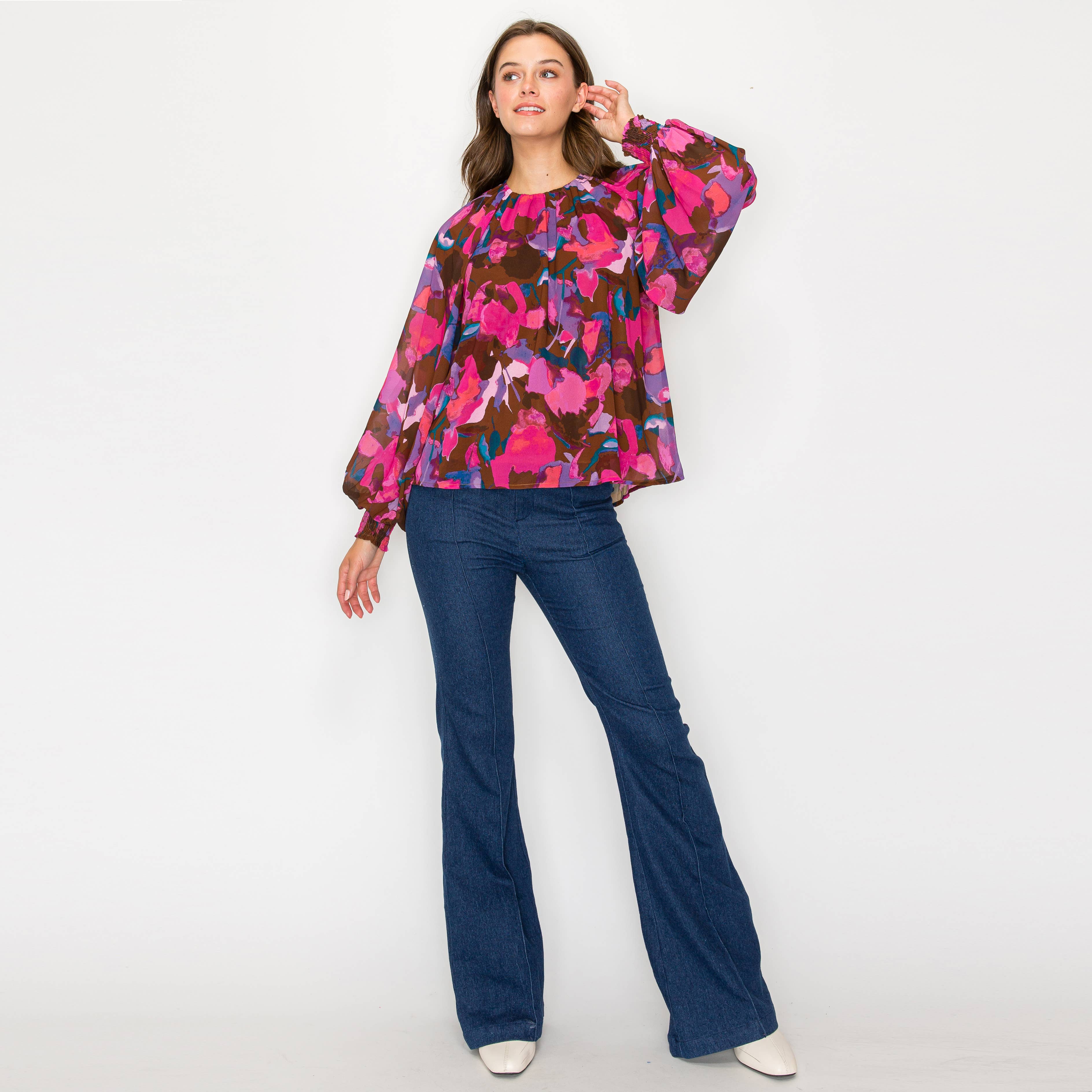 Pink in fall abstract print long sleeve blouse