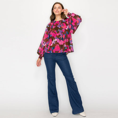 Pink in fall abstract print long sleeve blouse