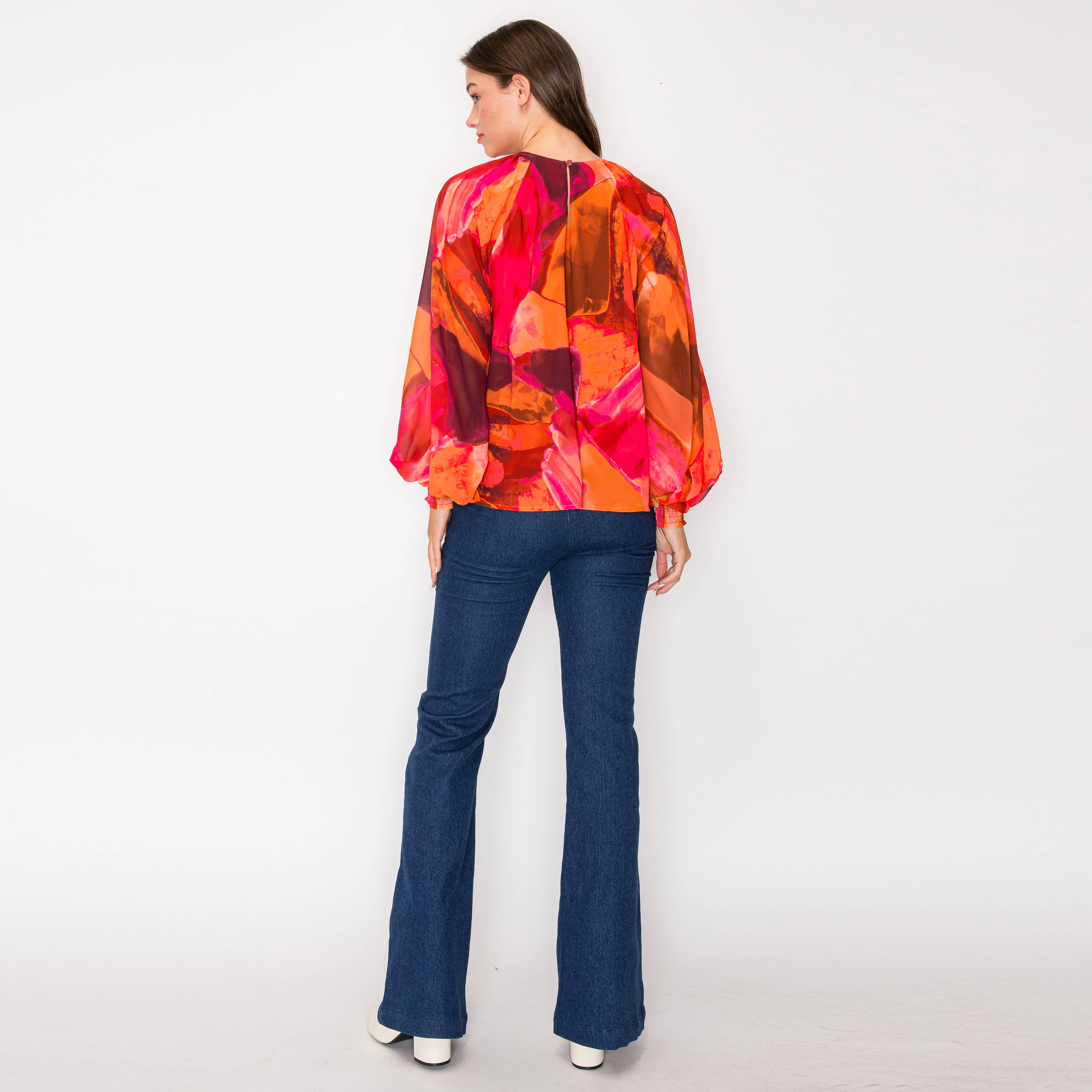 Jewel color abstract print long sleeve blouse