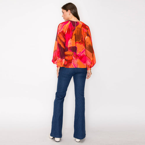 Jewel color abstract print long sleeve blouse