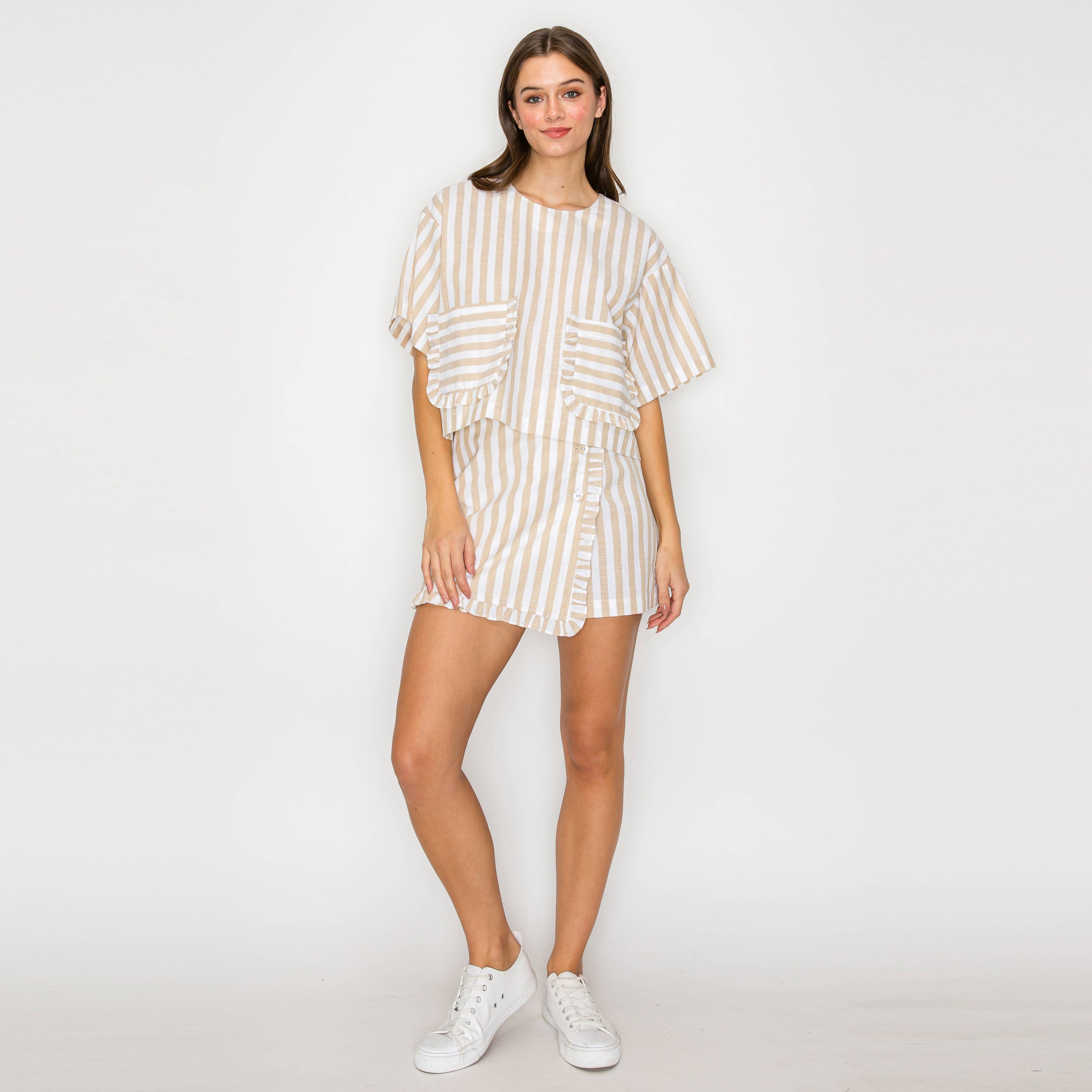Ruffle Ruffle Stripe Top - Tan & White Stripe