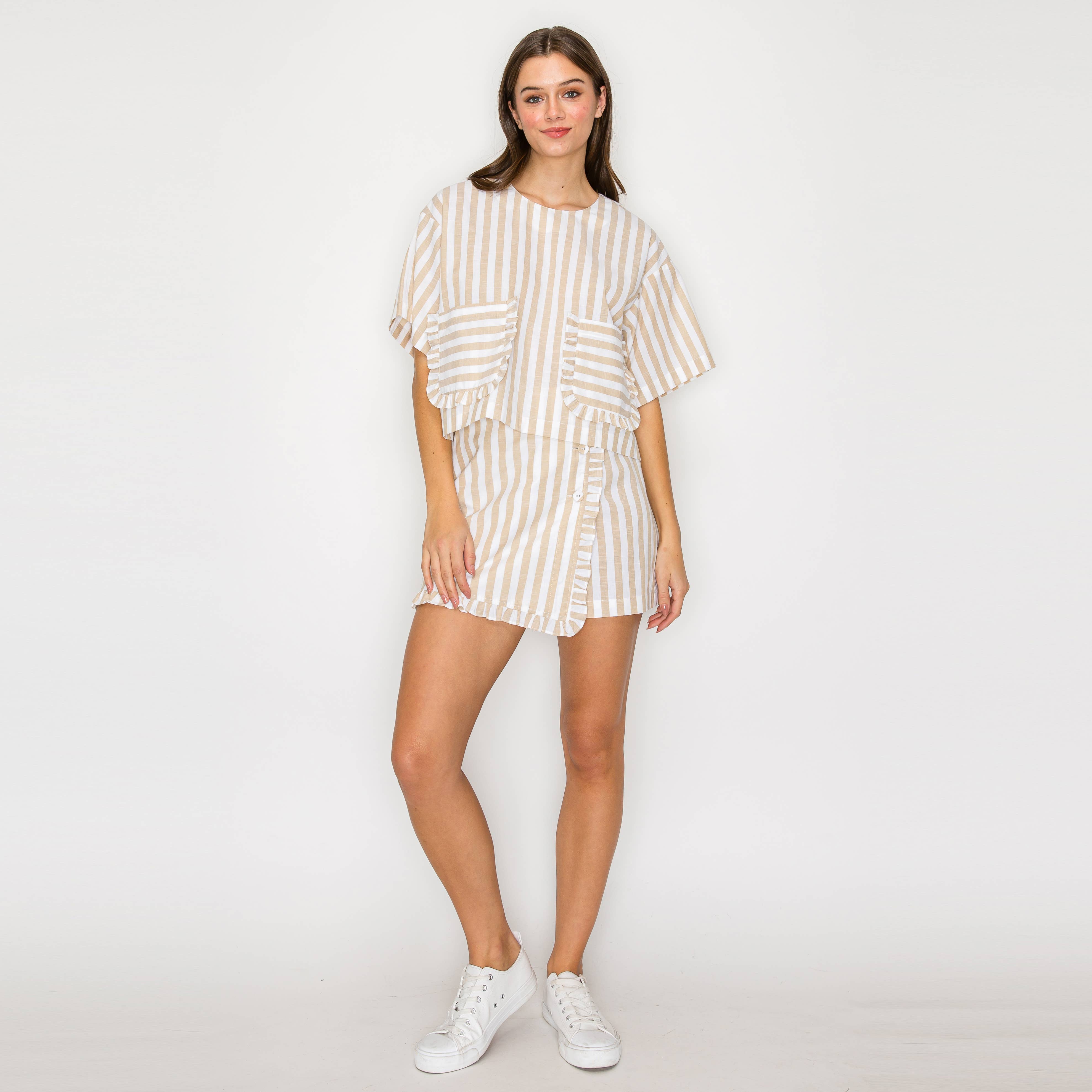 Ruffle Ruffle Stripe Top - Tan & White Stripe