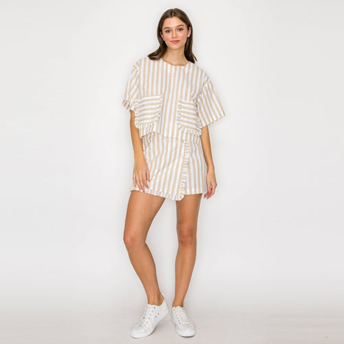 Ruffle Ruffle Stripe Skort - Tan & White Stripe
