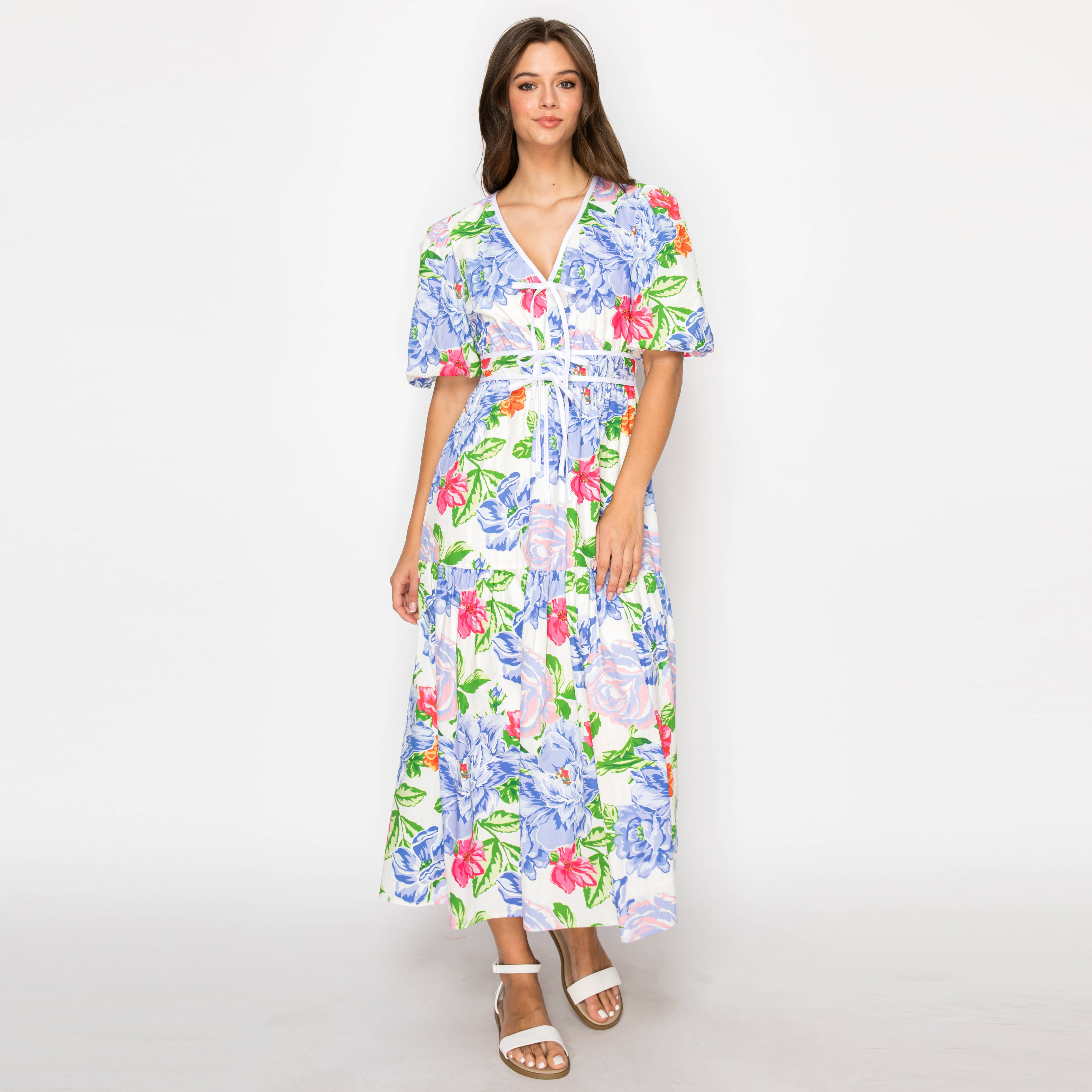 Blooming flowers Print Midi Dress With White Binding-LWD2894