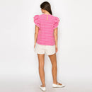 Pink Geo Embroidery Blouse with Lace Trim