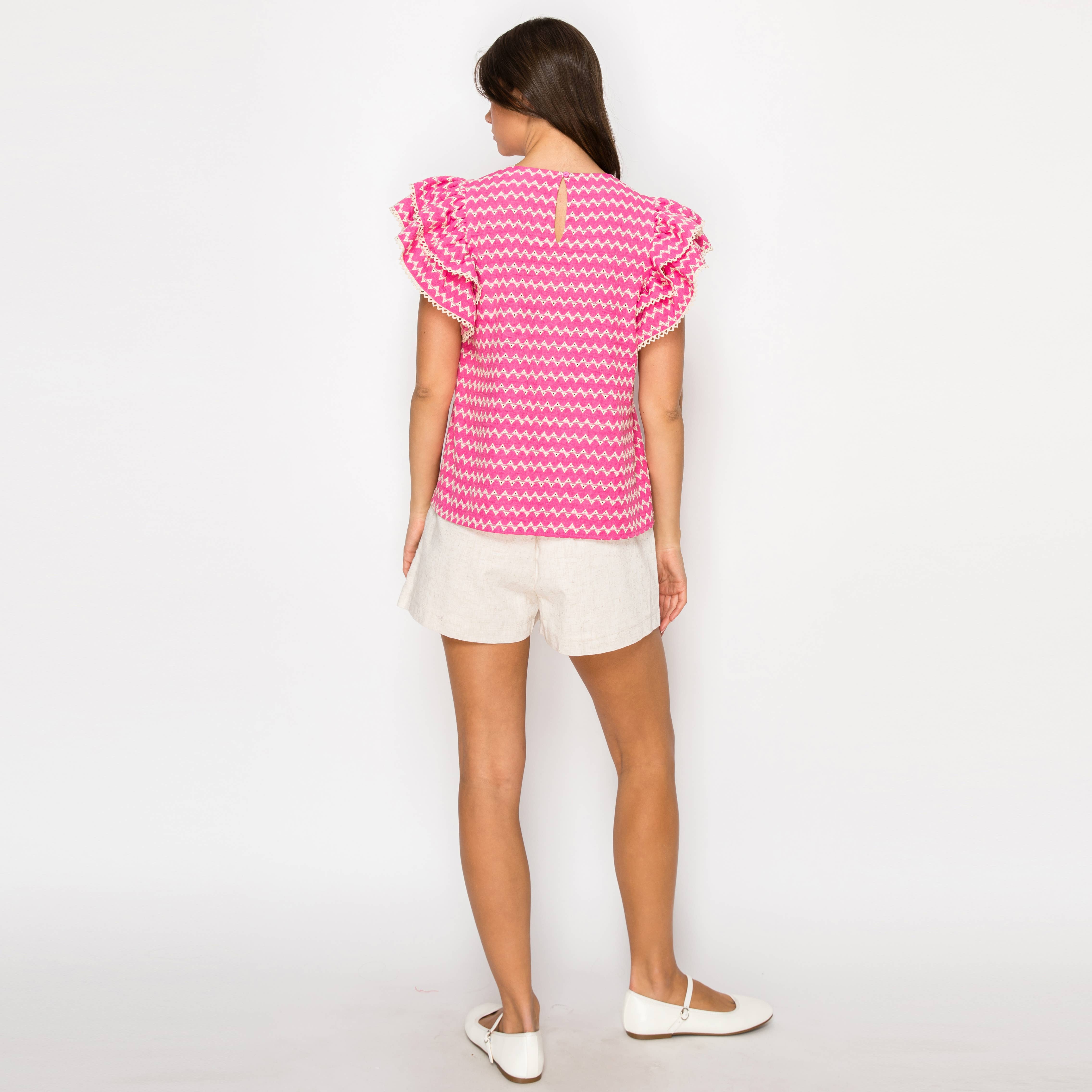 Pink Geo Embroidery Blouse with Lace Trim