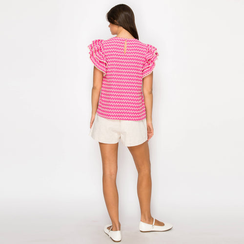 Pink Geo Embroidery Blouse with Lace Trim