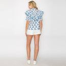 Double Ruffle Cotton Blouse with Ajrak print - Blue -LWT1982