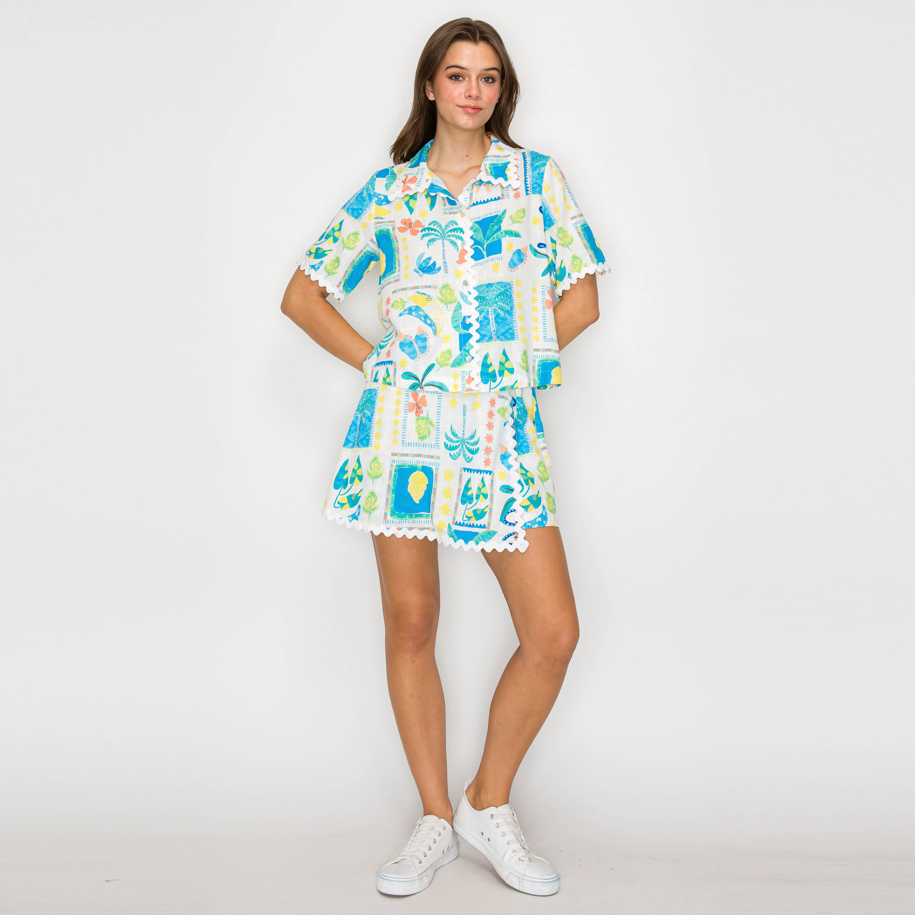 Retro Blue Palm Tree Print Shirts w/ Rick Rack trim