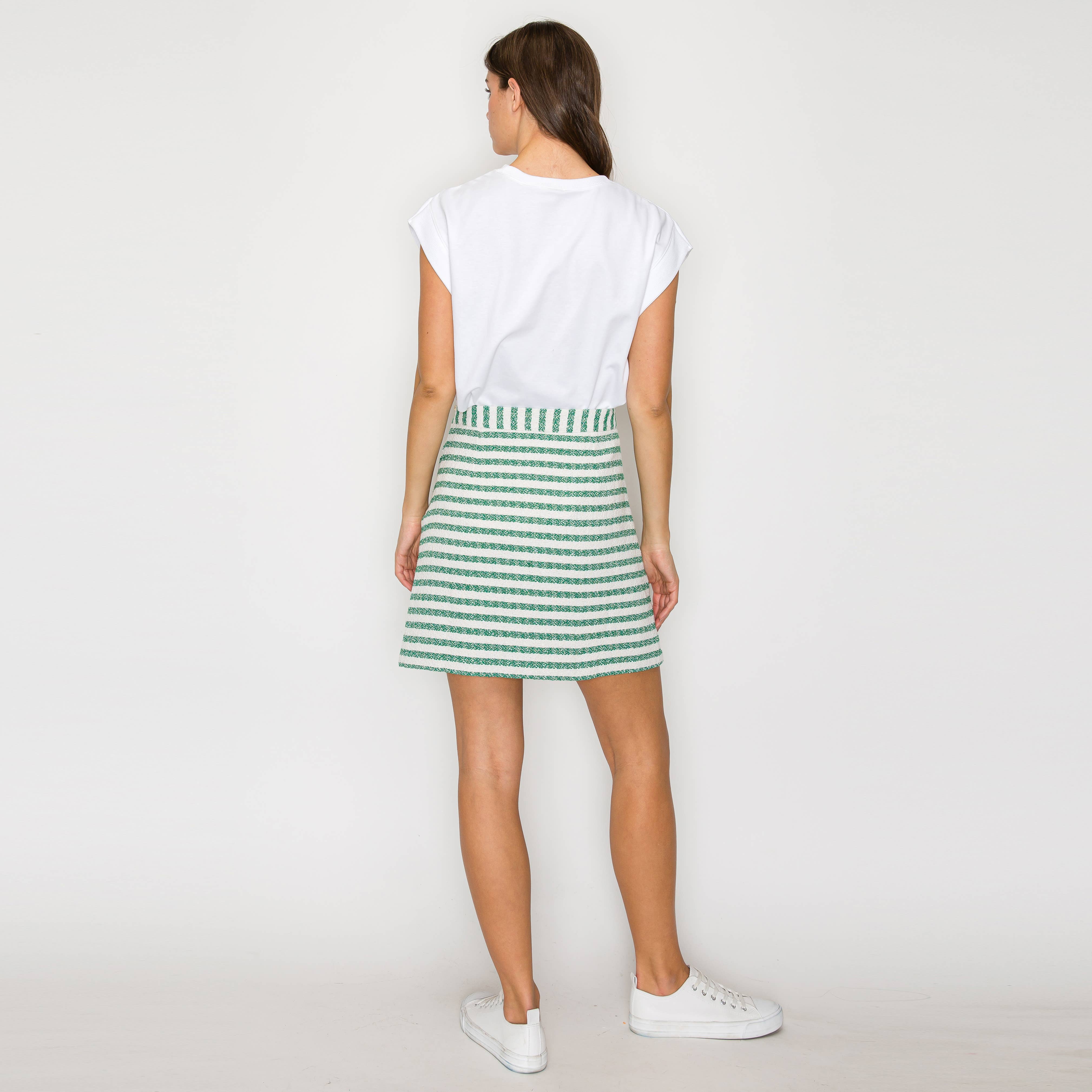 Green & White Stripe Summer French Boucle Mini Skirt-LWK1195