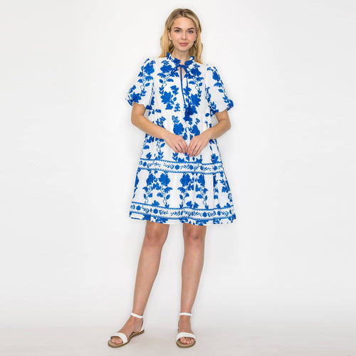 Blue Leaves Placement Print Mini Dress