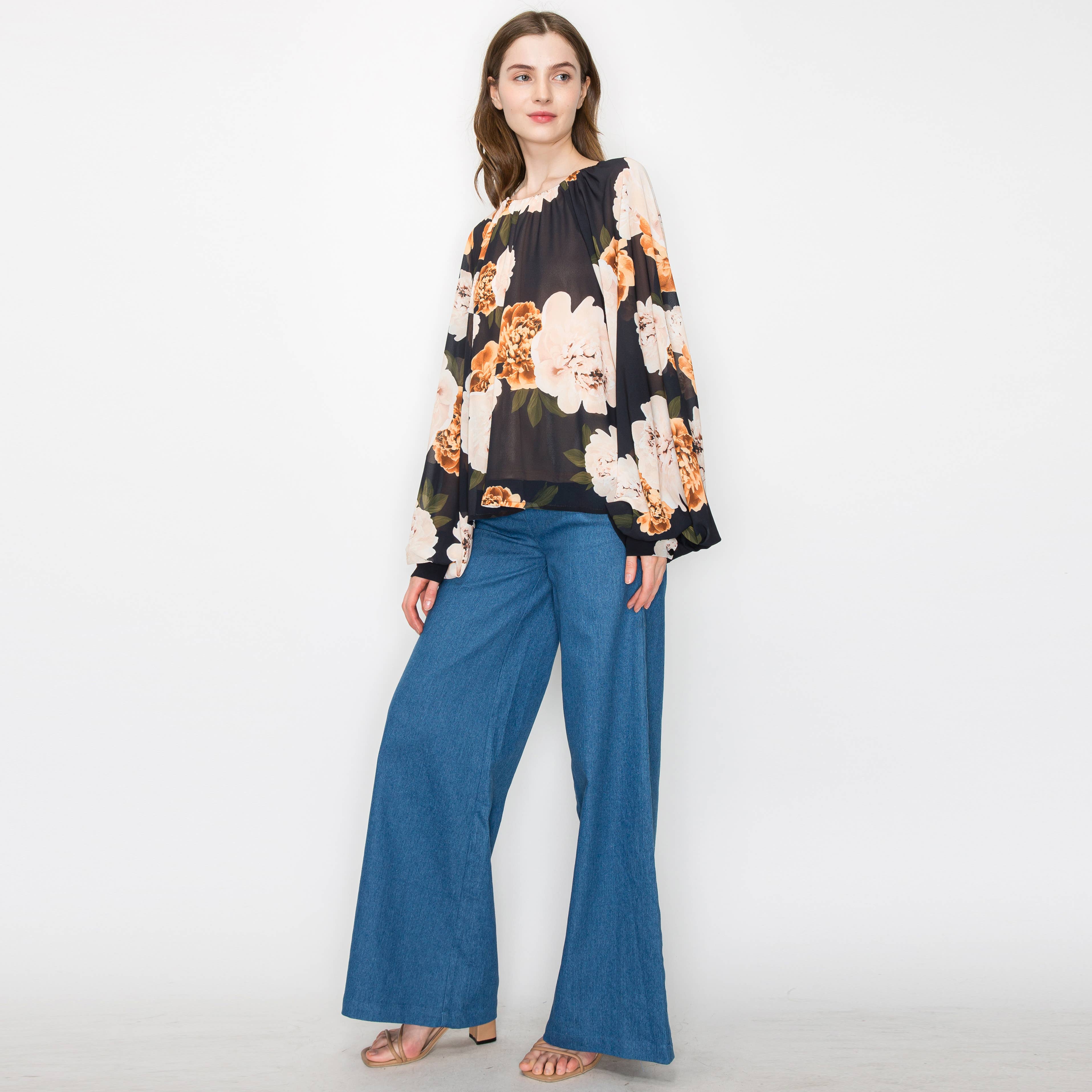 Black flower print blouse