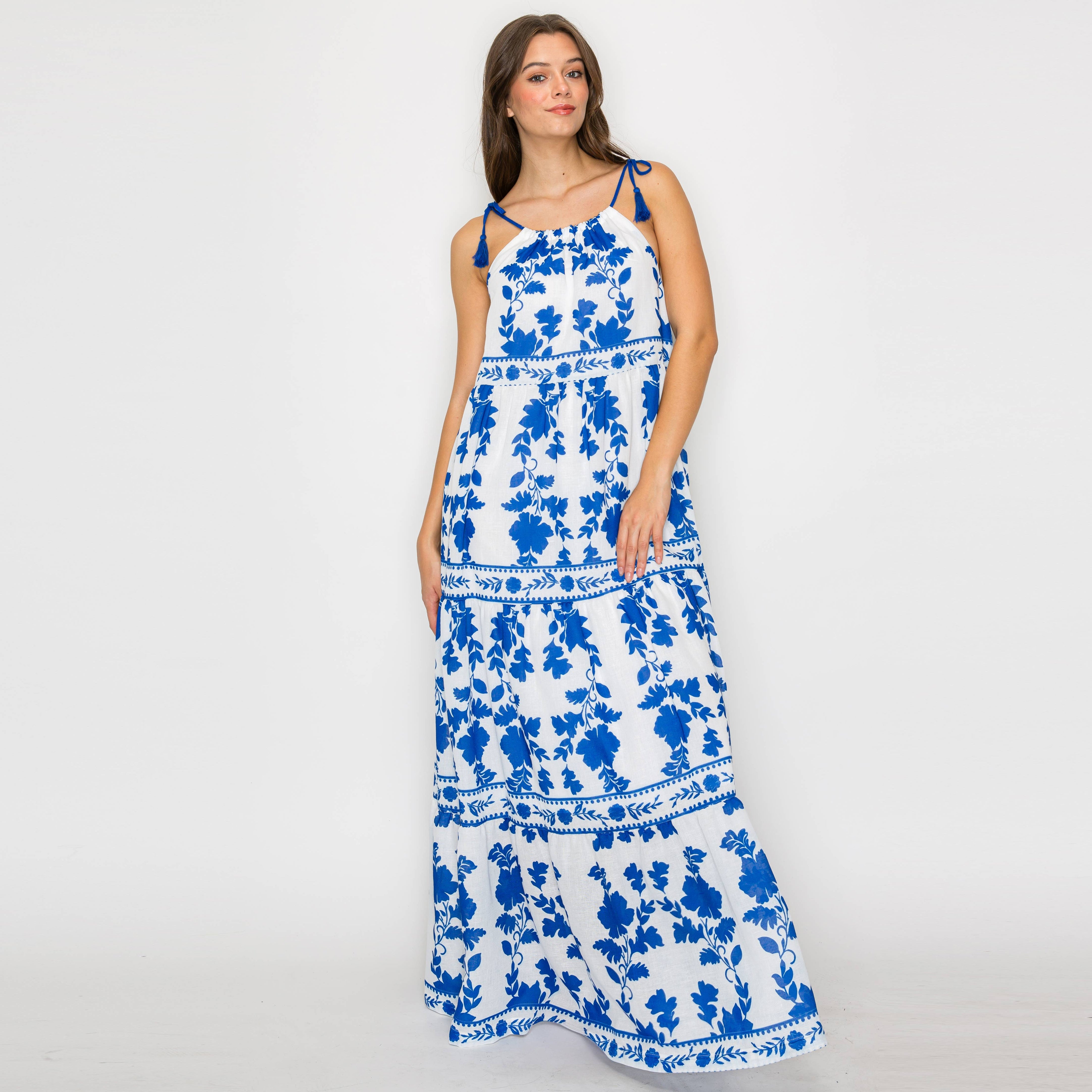 Blue Leaves Placement Print Maxi Halter Dress