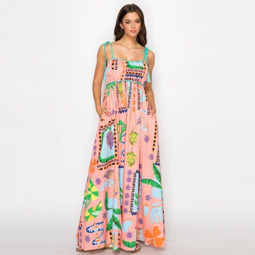 Coral Retro Tropical Print Cotton Maxi Dress