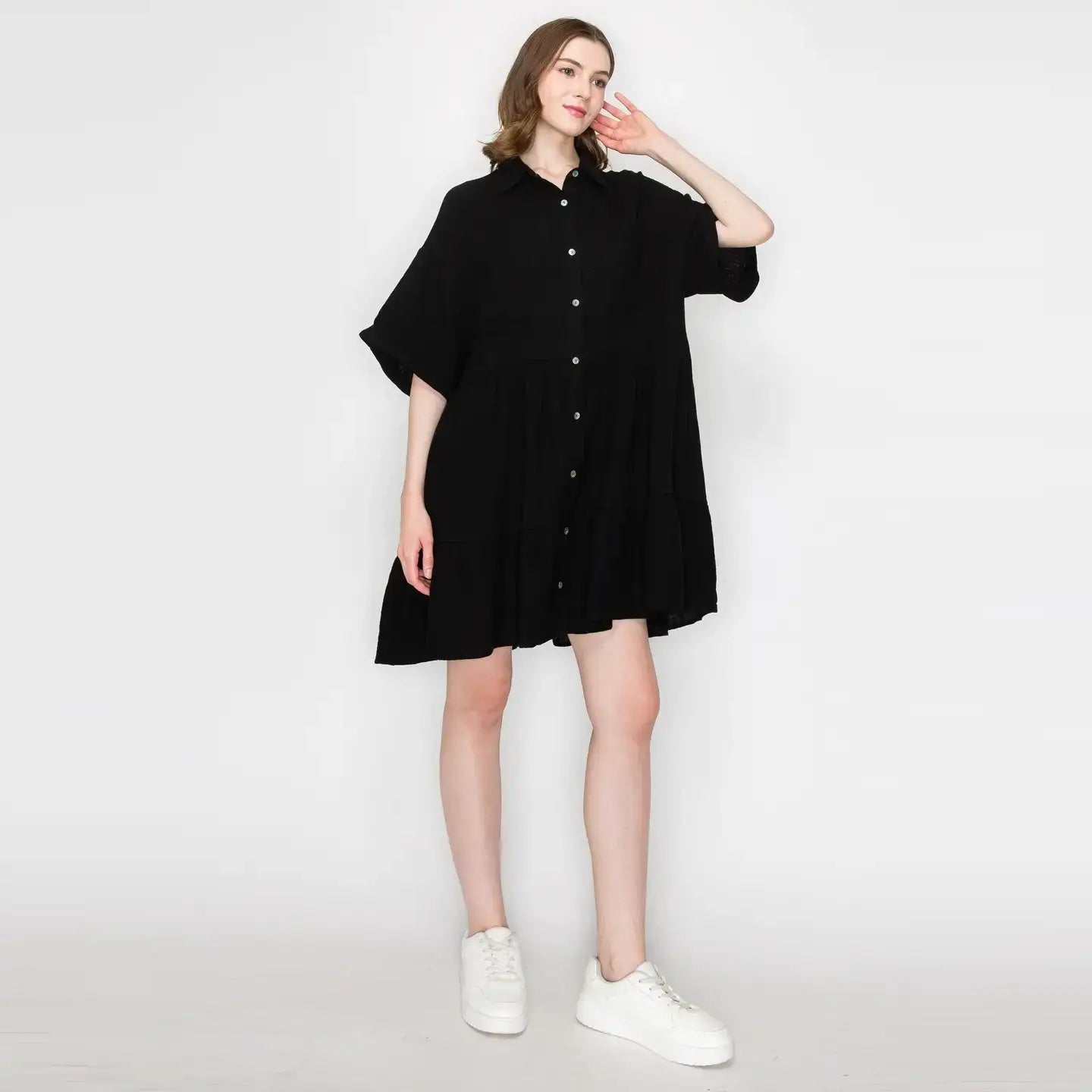 Cotton Gauze oversized shirts mini dress BLACK- LWD2534 