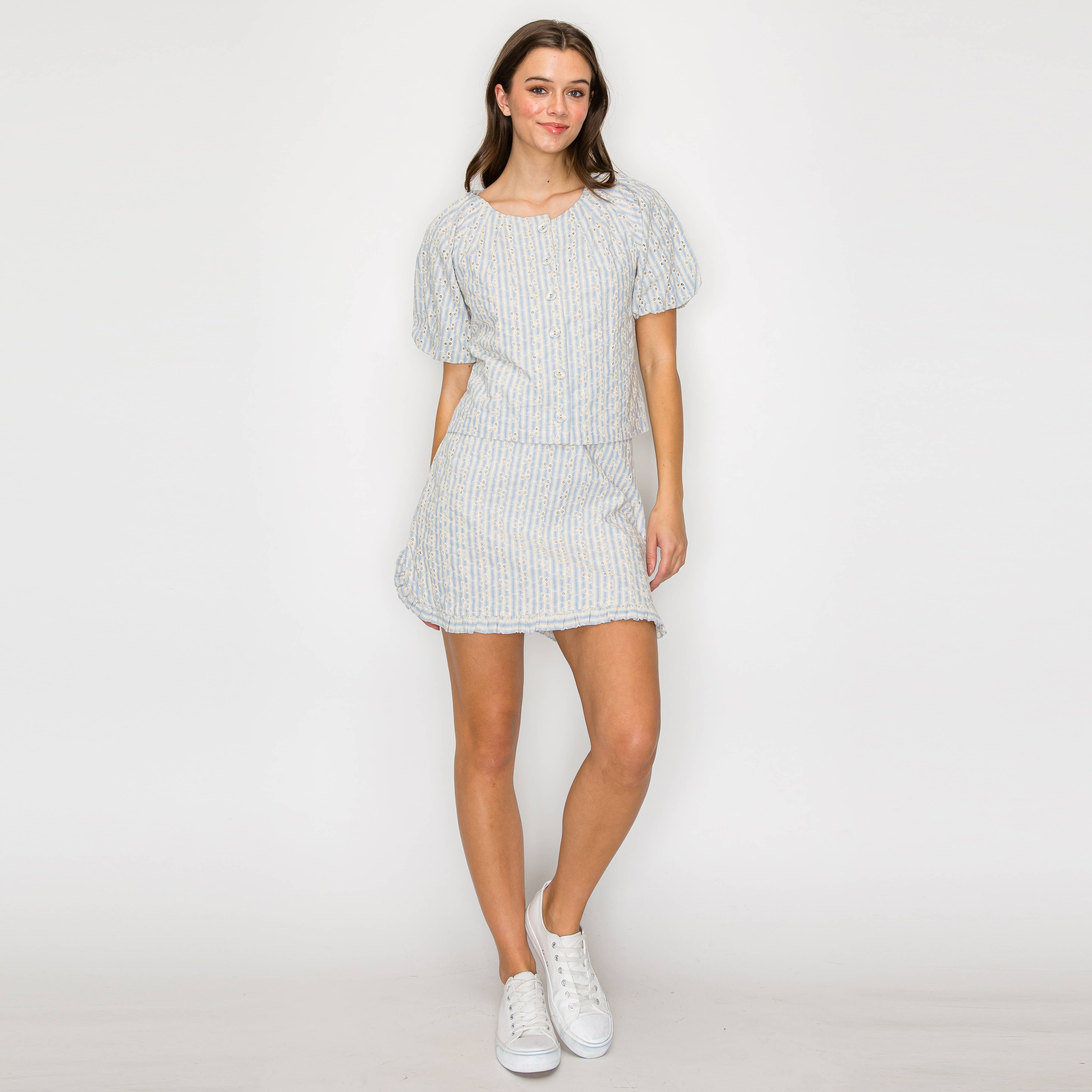 Soft Blue Stripe w/ Embroidery Mini Skirt w/ Ruffle