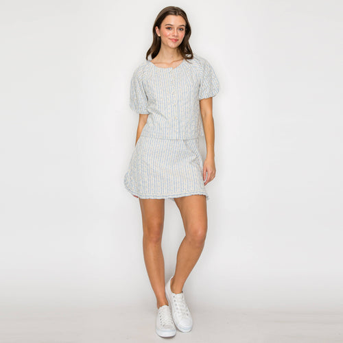 Soft Blue Stripe w/ Embroidery Mini Skirt w/ Ruffle- LWK1190