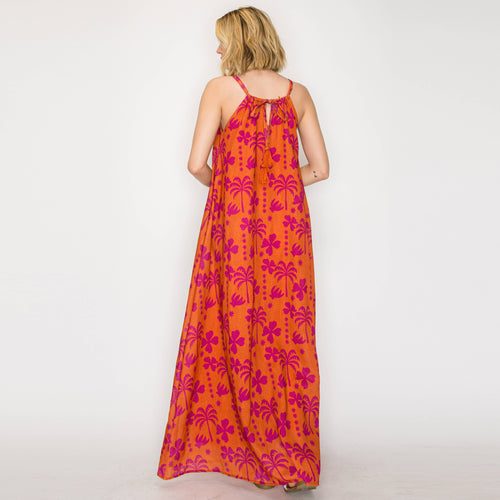 Hot Summer Orange Palm Tree Halter Maxi Dress