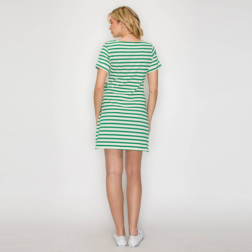 Green Striped Knit Mini Dress with Front Tie