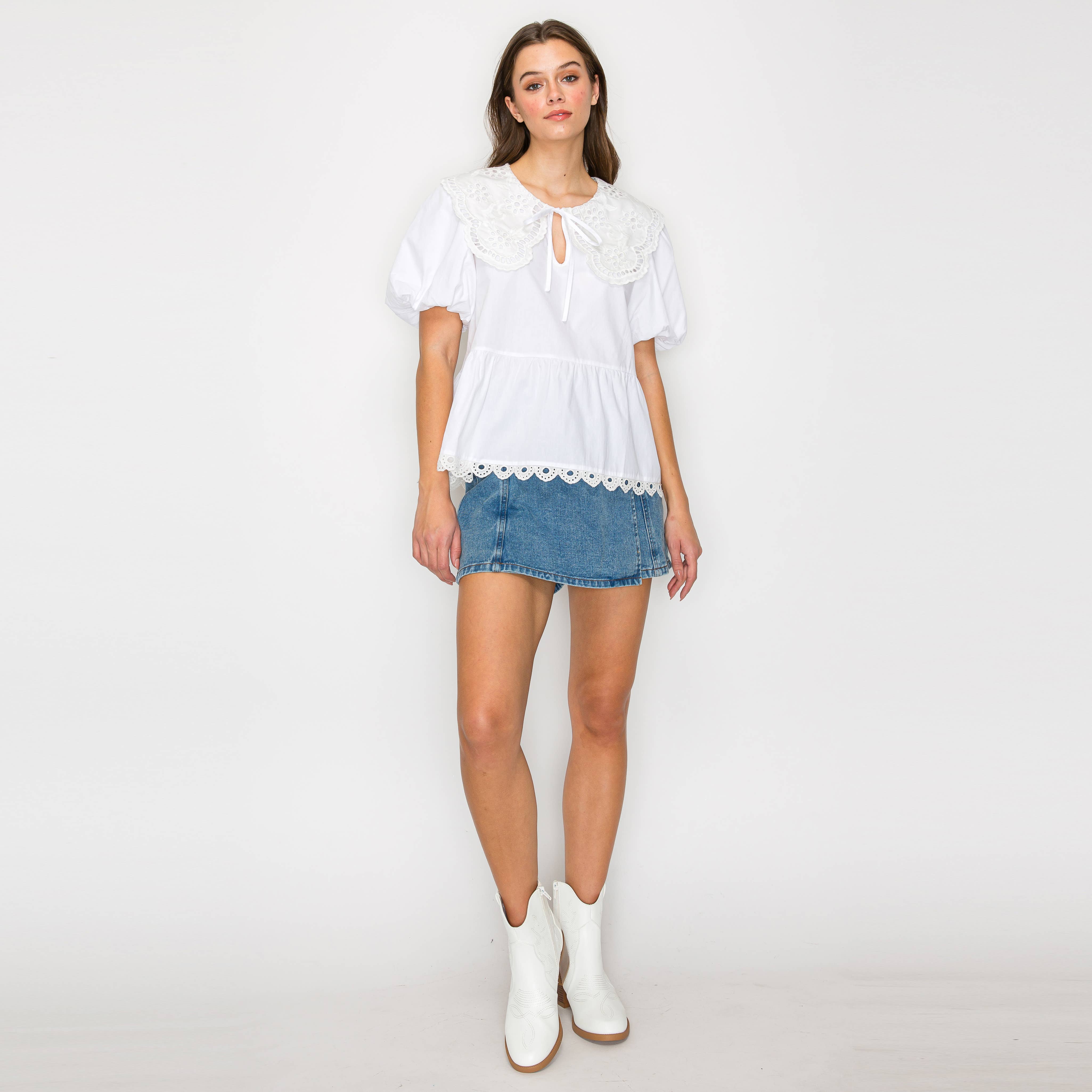 White Cotton Peplum Top with Lace Collar
