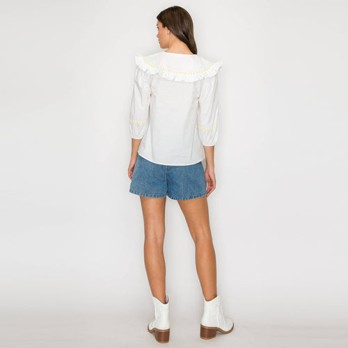 Big Collar Blouse with Yellow Daisy Trim
