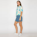 Retro Blue Palm Tree Print Shirts w/ Rick Rack trim- LWT2045