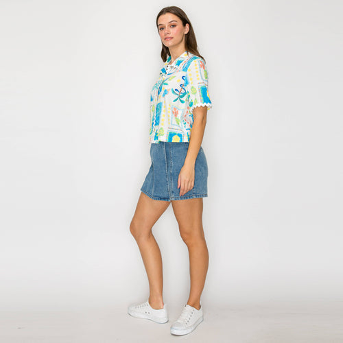 Retro Blue Palm Tree Print Shirts w/ Rick Rack trim- LWT2045