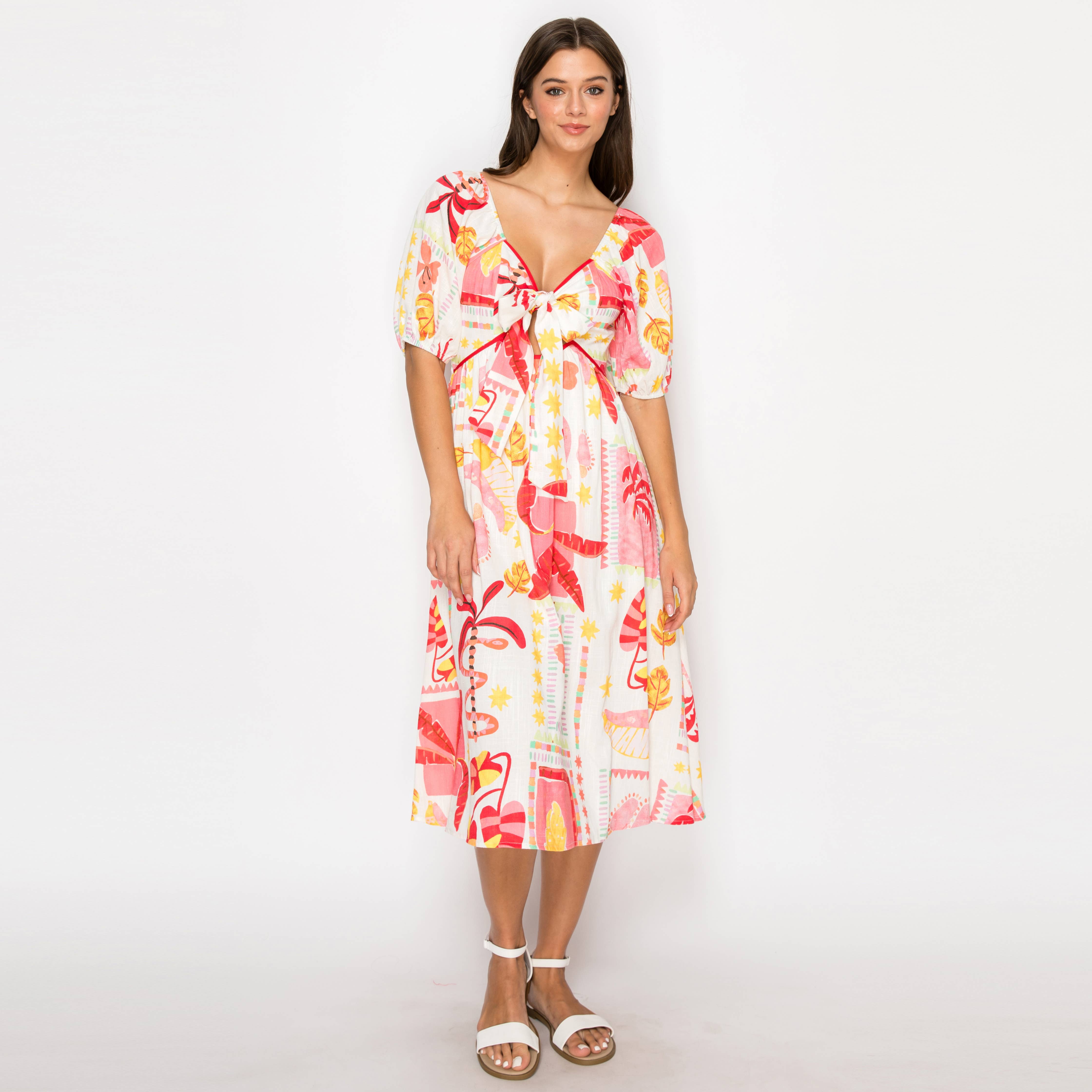 Pink Banana Retro Tropical Print Midi Dress