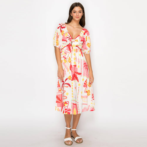 Pink Banana Retro Tropical Print Midi Dress