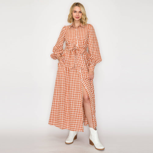 Rust Gingham Daydream Maxi Shirt Dress