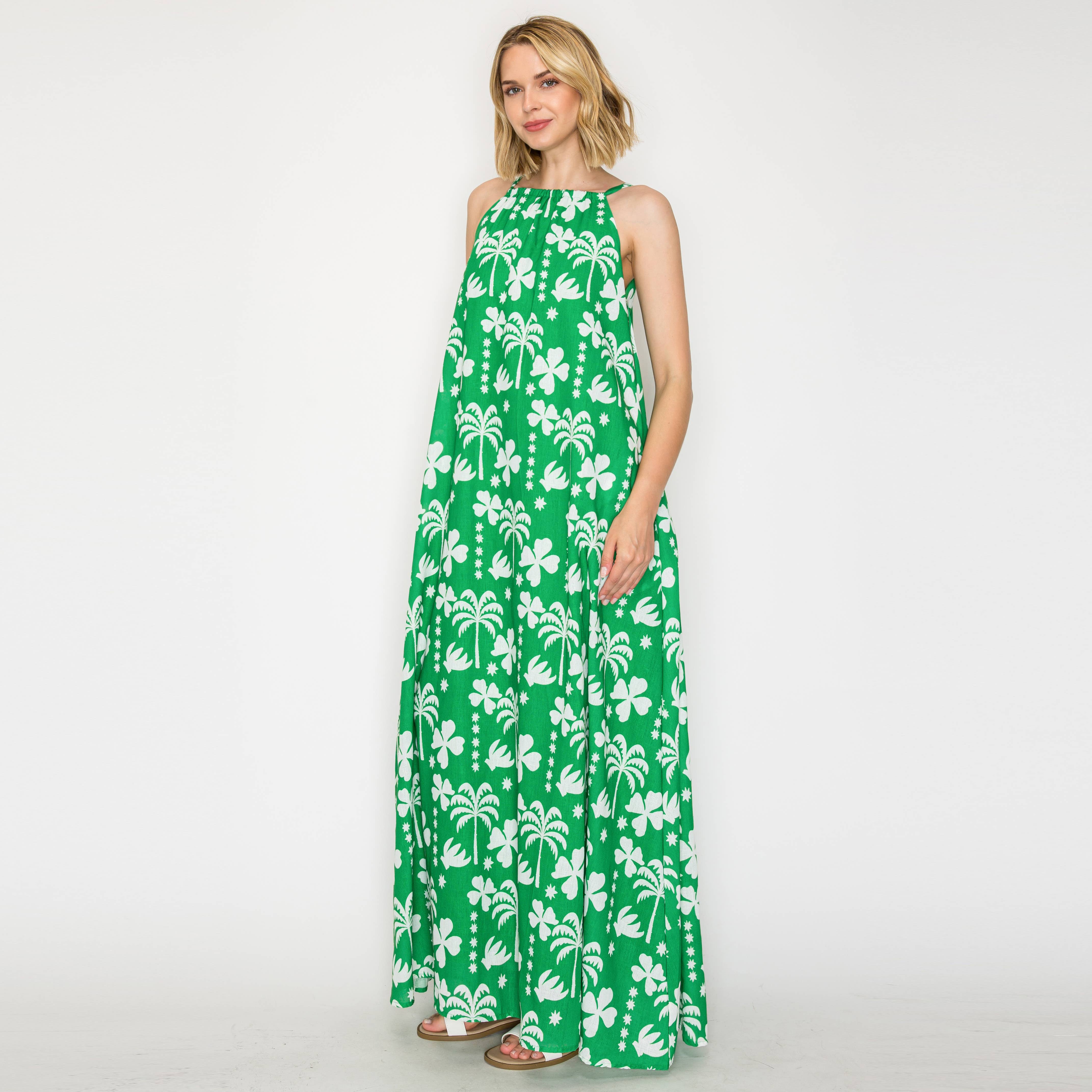 Hot Summer Green Palm Tree Halter Maxi Dress