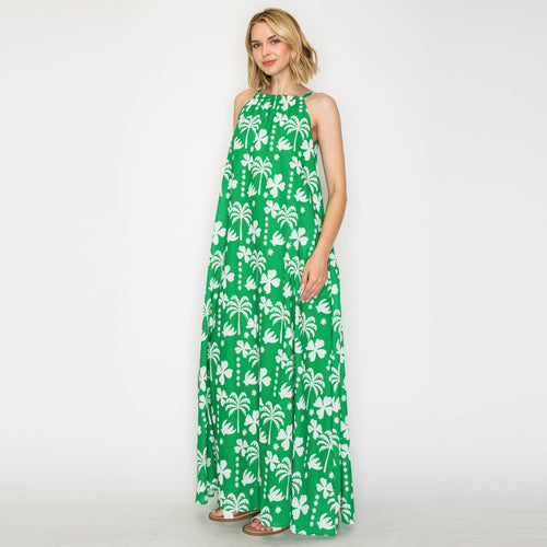 Hot Summer Green Palm Tree Halter Maxi Dress