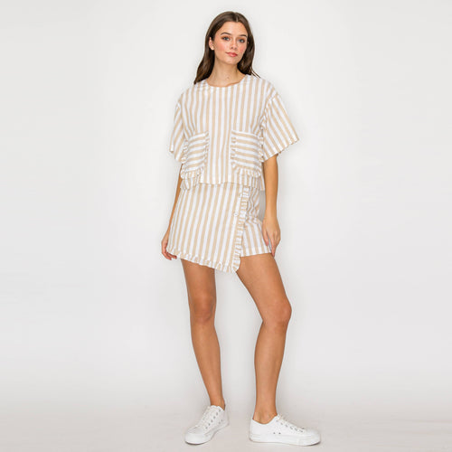 Ruffle Ruffle Stripe Skort - Tan & White Stripe