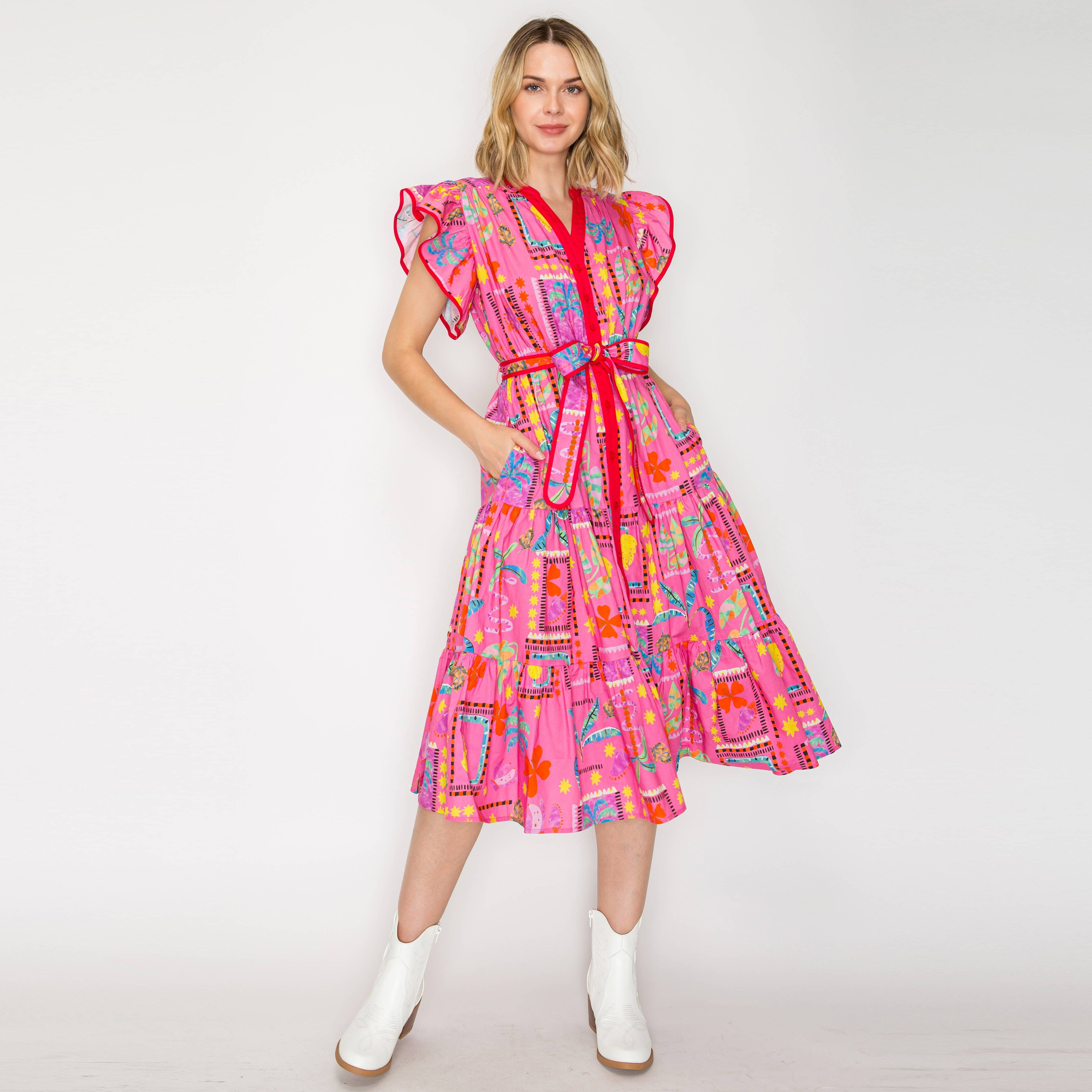Pink Western Tropical Midi Dress
