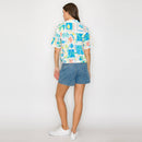 Retro Blue Palm Tree Print Shirts w/ Rick Rack trim- LWT2045