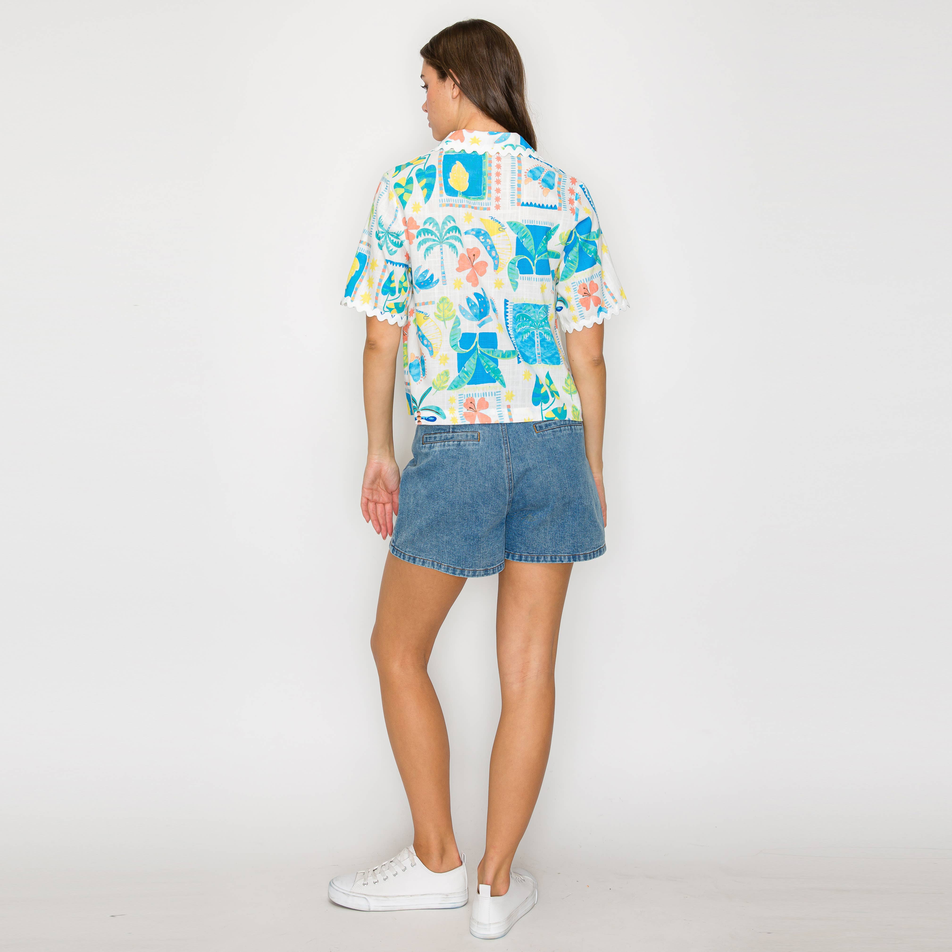 Retro Blue Palm Tree Print Shirts w/ Rick Rack trim- LWT2045